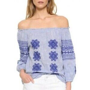 Christophe Sauvat Bolshoi Top Sz S Blue Chambray Embroidered Off Shoulder